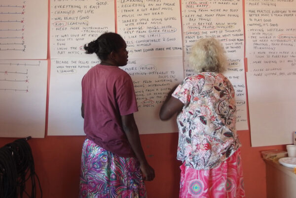 Two women discussing findings written on butchers paper on the wall